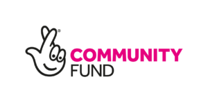 "Community Fund" text in pink and black with National Lottery hand symbol to the left